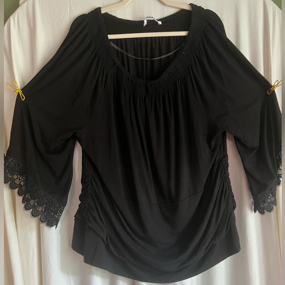 Peter Nygard Sz 20 PLUS Peasant Blouse With Lace Trim Black
